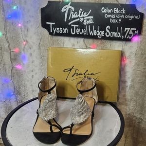 Thalia Sodi: Tysson Jewel Wedge Sandal, Black Suede, Sz 7.5 Like New with Box